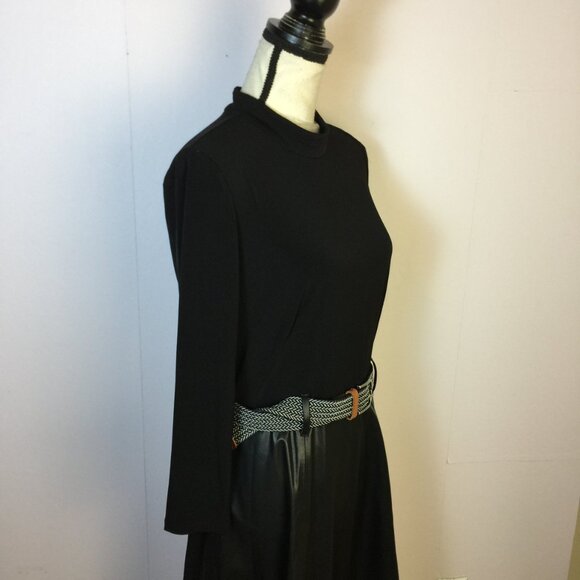 Calvin Klein Fit & Flare Dress Size 8 Black Faux Leather Mock Neck 3/4 Sleeve - Picture 8 of 14